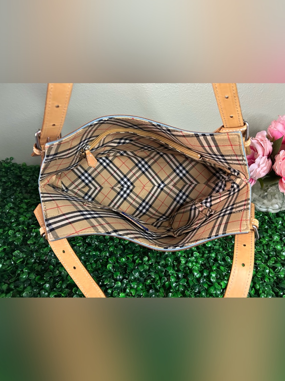 Burberry Blue Label Sky Blue Canvas Shoulder Tote Bag Nova Check Lining - Picture 7 of 13